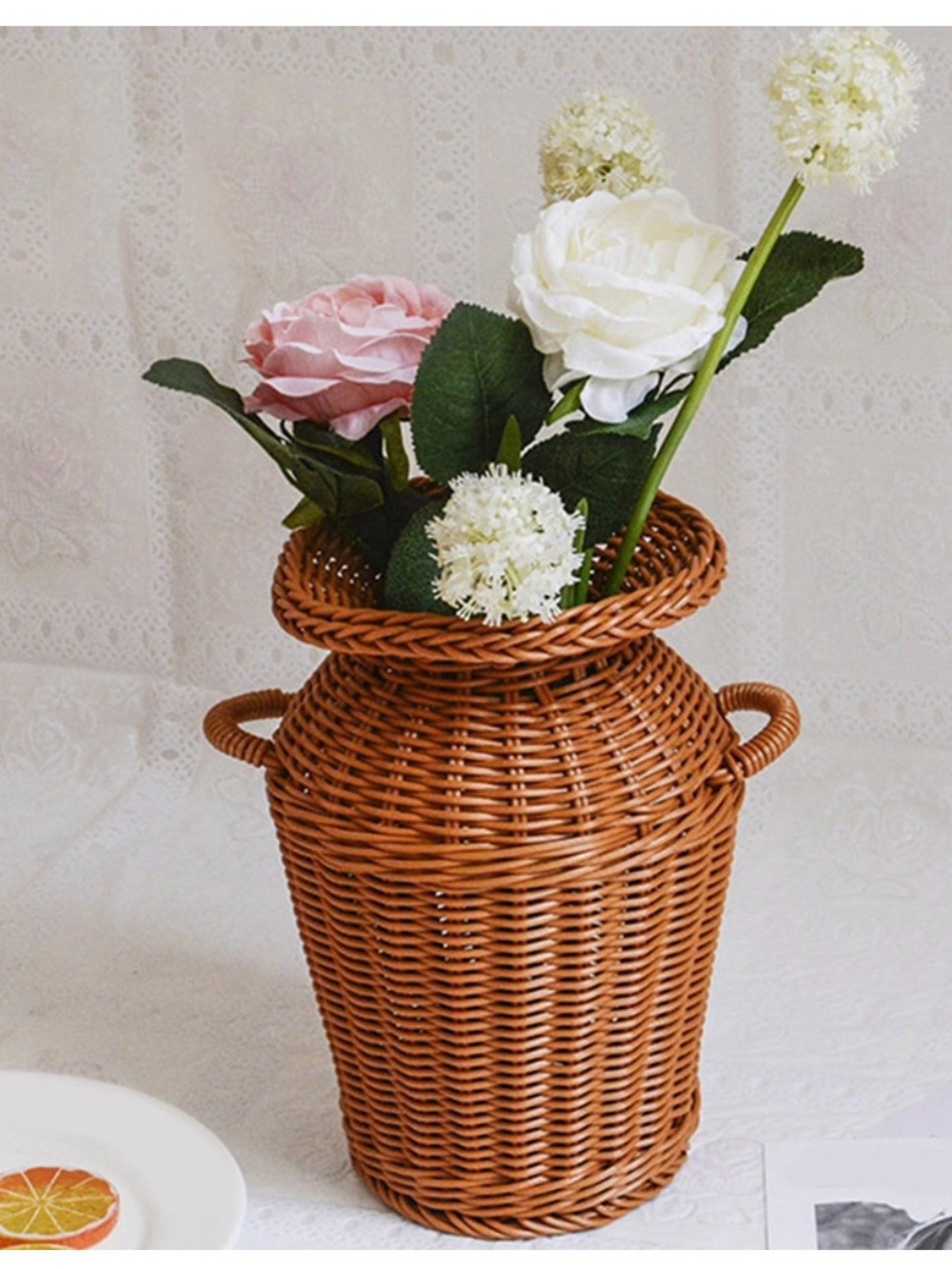 Woven Tan Rattan Decorative Vase with Side Handles